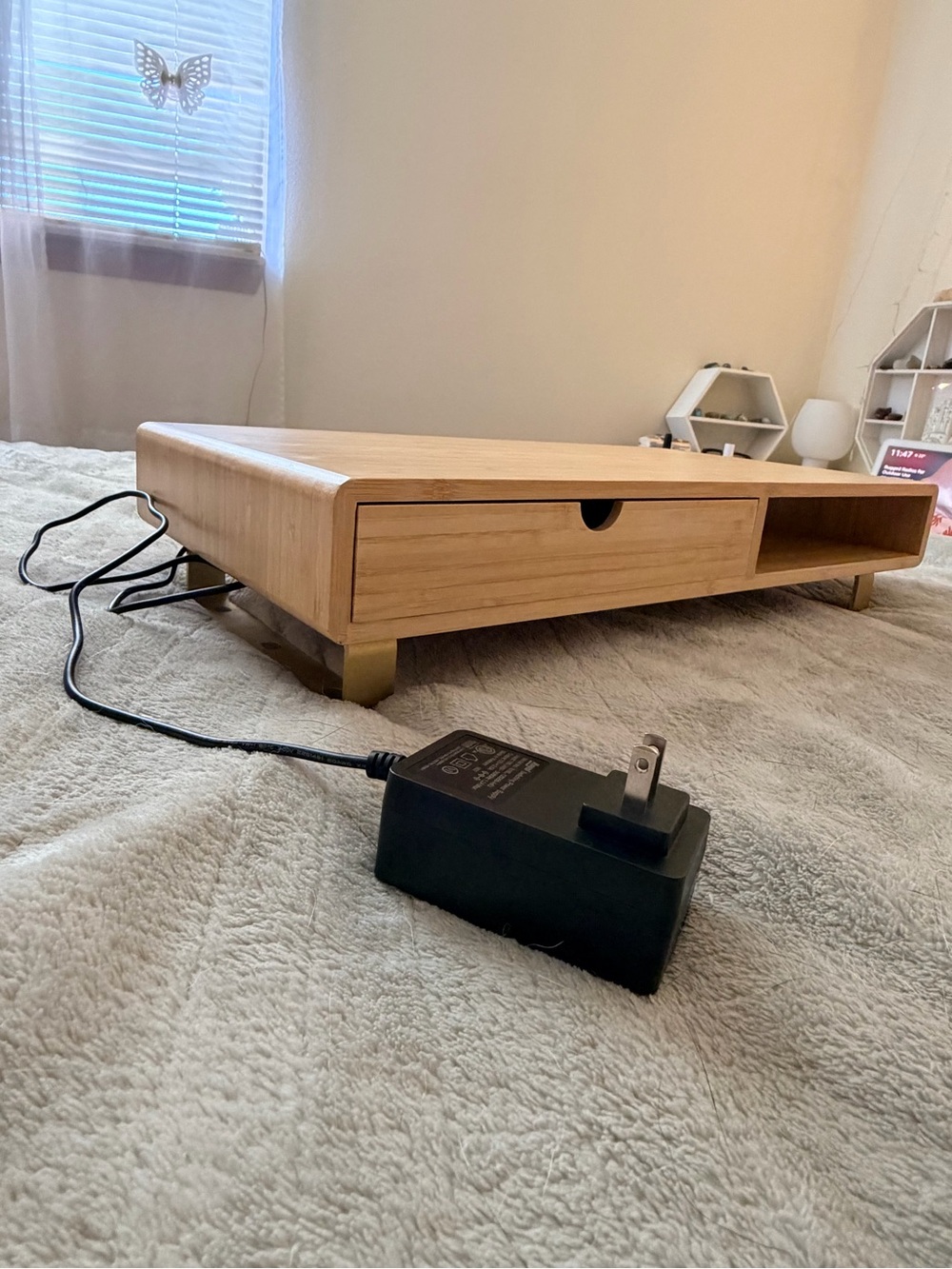 IKEA Light Wood Low Media Platform with Drawer and Open Shelf